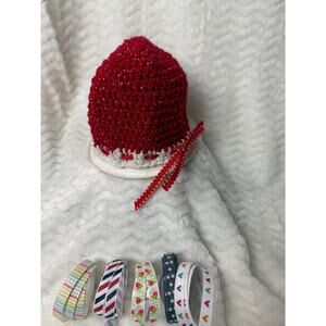 Crochet Beanie newborn - 6 months, red, white, and ribbon accented hat. Handmade